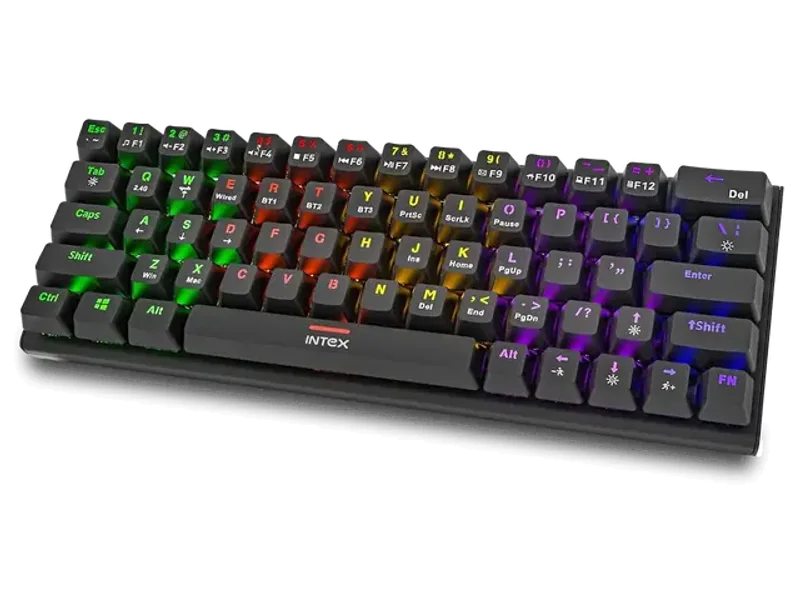 Intex Caliber Wireless Mechanical Blue Switch Gaming Keyboard with 50 Million Clicks| 20 Mode RGB Lights, 4 Level Brightness | Anty-Ghosting| 1.5m Plug & Play Cable, Multi-Device Pairing (Black)