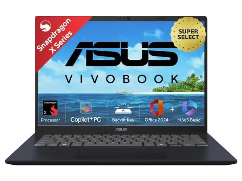 ASUS Vivobook 14 (2025) with Office 2024 + M365 Basic*, Backlit Keyboard, Snapdragon X - (16 GB/512 GB SSD/Windows 11 Home) X1407QA-LY038WS Thin and Light Laptop