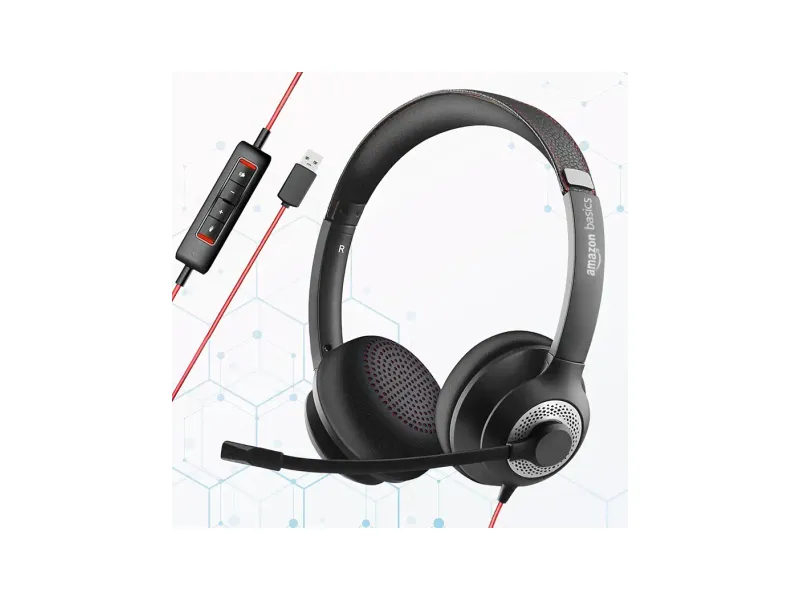 Amazon Basics Pro Series Wired USB On Ear Headset with Mic | 40 mm Driver | Computer/PC or Laptop Headphone | Noise Cancellation Microphone | in-line Control for Home, Office, Teams or Zoom, Black