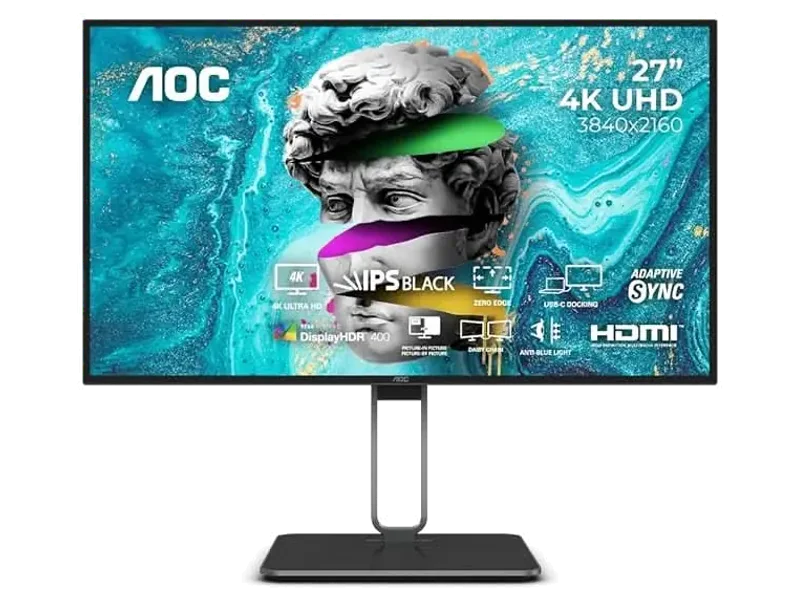 AOC 27 Nano IPS, 4K 3840 x 2160, 60 Hz, 400 cd/m², 4 MS, Daisy Chain, HDMI 2.0 x 1,DP 1.4 x 1, DP output 1.2 x 1, USB-C (DP Alt, 90W) DCI -P3 98% / sRGB 100% with Hight Adjustable Stand