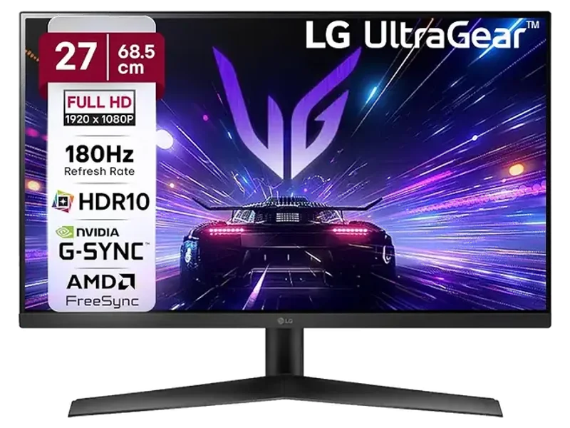 LG 27GS60F 68.5 cm(27 Inch) UltraGear FHD(1920x1080) IPS Gaming Monitor, 1ms, 180Hz, HDR10, sRGB 99%(Typ.), NVIDIA G-SYNC Compatible, AMD FreeSync, Anti-Glare, HDMI, DP, HP Out, Tilt Adjustable, Black