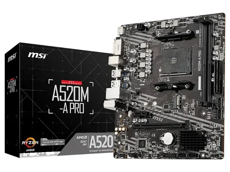 MSI A520M-A PRO Motherboard (AMD Ryzen 3000 3rd Gen AM4, DDR4, M.2, USB 3.2 Gen 1, HDMI, Micro ATX)