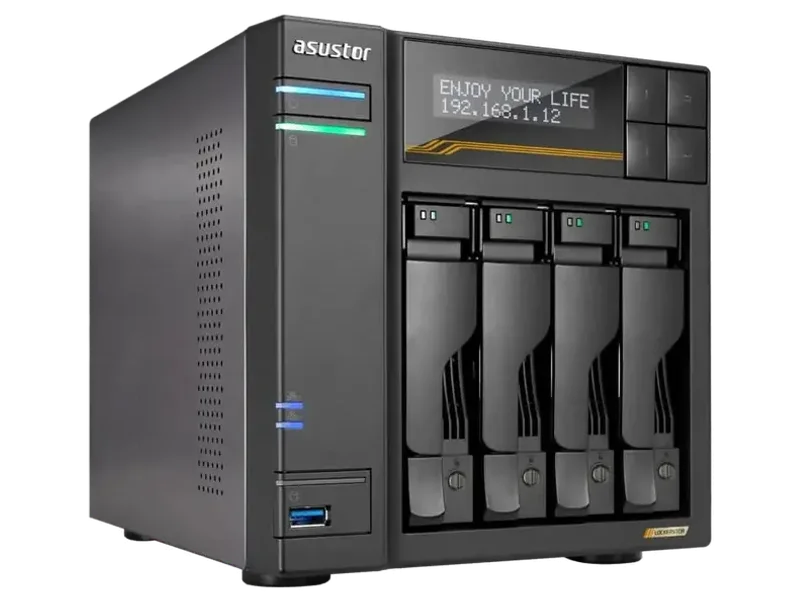 Asustor Lockerstor 4 Gen3 AS6804T, 4 Bay NAS, AMD Ryzen Quad-Core 2.3 GHz, 16GB RAM ECC DDR5, 4 M.2 NVMe Slots, Dual 5GbE and Dual 10GbE Port, USB4 Type-C, Network Attached Storage