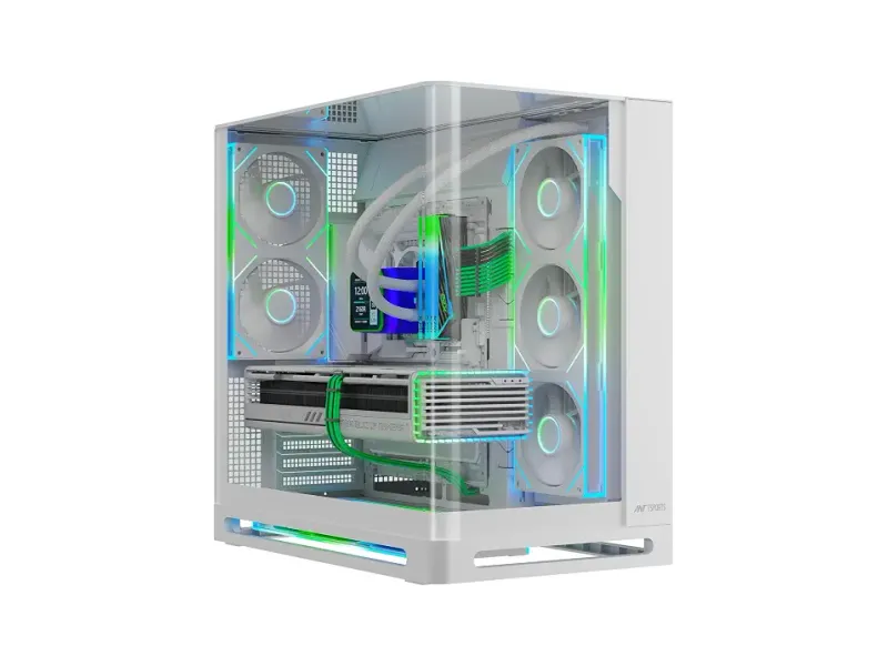 Ant Esports Crystal Arc Pro Mid-Tower Gaming Cabinet - White | Dual Tempered Glass | Pre-Installed 1 x 360mm/3 x 120mm Bottom Fan, 1 x 240mm/2 x 120mm Rear Fan, USB Type-C, 360mm Radiator Support