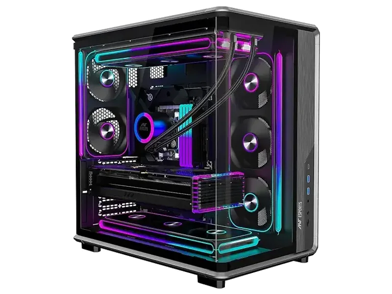 Ant Esports Crystal X8 Arc Mid Tower Gaming Cabinet | Panoramic 270° Tempered Glass, Supports BTF Back-Connect ATX Motherboards, Pre-Installed 8X 120mm ARGB Fans, 360mm AIO Support | Black