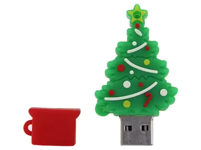 64GB Christmas Tree USB Flash Drive, 55x30x12mm, 13.3g, Decorative Holiday Design with Red Base, 2.0, Upto 10Mbps