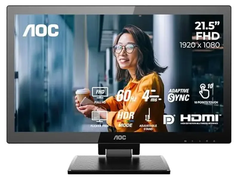 AOC 21.5 / 10 Point Capacitive Touch/ VA Panel / Speaker / VGA x1 , HDMIx1 , DVIx1 , DP x 1 , USB 3.2 x1 , Audion IN & Out / Fliker Free / Clear vision / Low Blue Light.