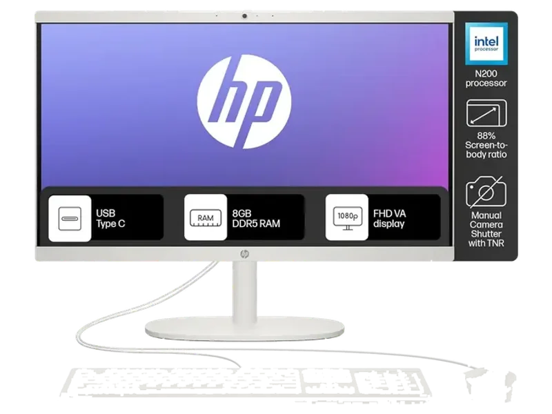 HP ALL-IN-ONE PC, WINDOWS 11 HOME, INTEL PROCESSOR N200, 21.45-INCH (54.5 CM), FHD, INTEL UHD GRAPHICS, 720P HD CAMERA W/PRIVACY SHUTTER, DUAL SPEAKERS (WIN 11, WHITE, 4.17 KG), DG0154IN