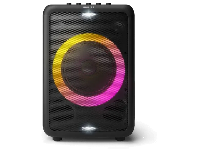 PHILIPS AUDIO TAX3206/94 80W BLUETOOTH PARTY SPEAKER WITH 14 HOURS PLAY TIME, KARAOKE FEATURES, GUITAR AND MIC INPUT, PARTY LIGHTS AND CARRY HANDLE (BLACK)